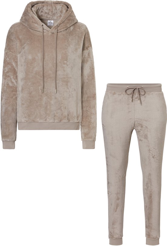 Apollo Dames Huispak Loungewear Fleece Incl Capuchon Lichtbruin - Maat S/M