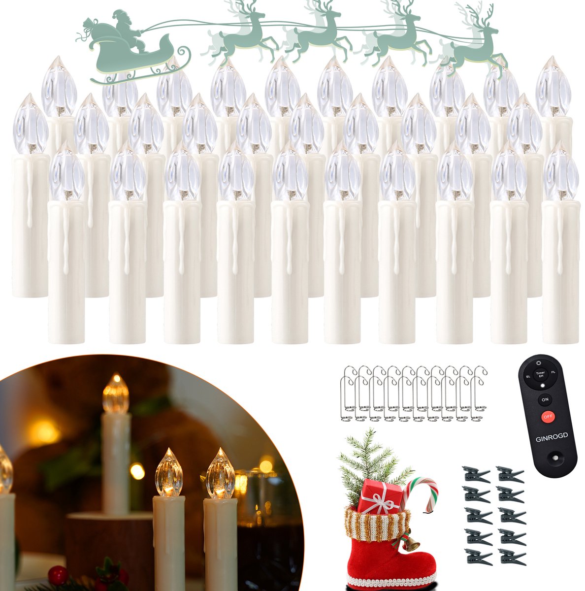 30 Stuks LED Kerzen, Warmwit, Draadloos, Flammenloos, Met Timer, Voor Kerstboomverlichting, Kerstdécor Met Afstandsbediening, Haken En Clips