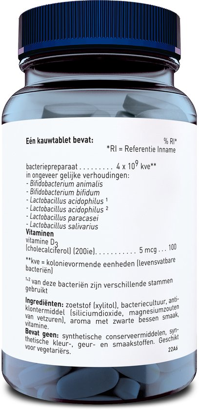 Orthica Orthiflor Kauw: Ingrediëntenlijst met bacteriën en vitamine D3.