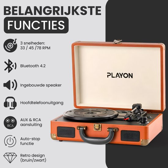 Playon Platenspeler - Platenspeler bluetooth - Platenspeler retro - Ingebouwde Speakers - Retro - Bruin — afbeelding 3
