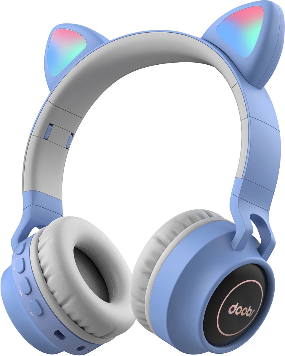Kinder hoofdtelefoon DOBI by doobs - Draadloze koptelefoon Bluetooth met led kattenoortjes licht blauw - KIDS - VOLUME BEGRENZING - 85DB