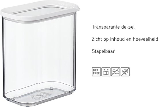 Une boîte de conservation Mepal Modula vide avec un couvercle blanc et une fenêtre transparente. Empilable et sans BPA.