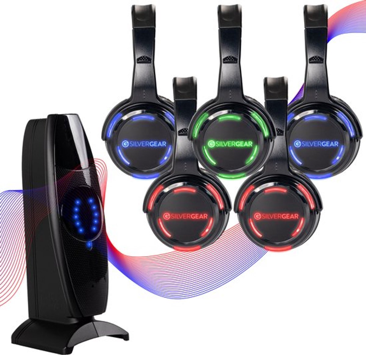 Silent Disco Set Met 5 Koptelefoons - Complete DJ Set voor Ultieme Feestervaring - Verlichte Discolamp - Draadloos
