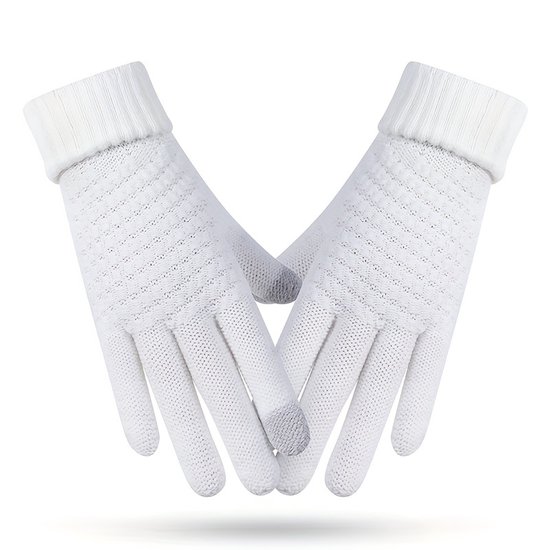 Witte gebreide handschoenen voor dames en heren, verdikte winddichte en warme handschoenen, outdoor fiets handschoenen, one size fits all (palmomtrek 16-20cm)