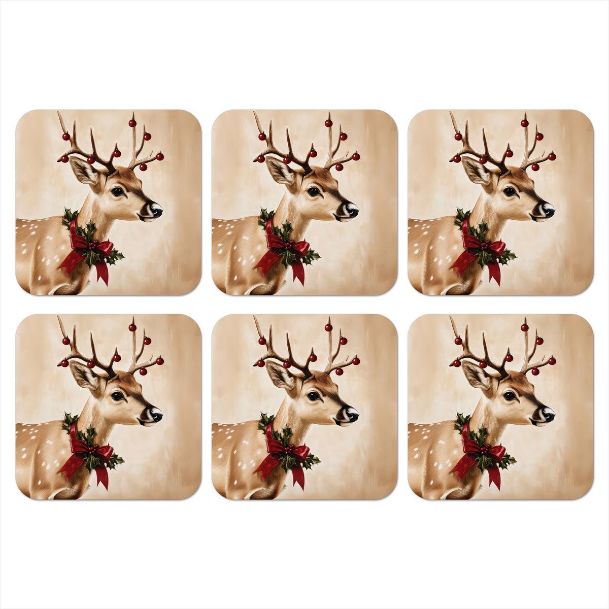 Onderzetters voor glazen - Gewei - Kerst - Rendier - Rood - 10x10 cm - Glasonderzetters - 6 stuks