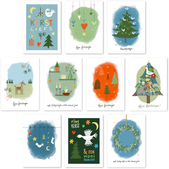 Studio-Mouche - Cartes de Noël - Cartes de vœux - Cartes postales - Cartes - Lot de 10 - Noël - Texte - Peint à la main