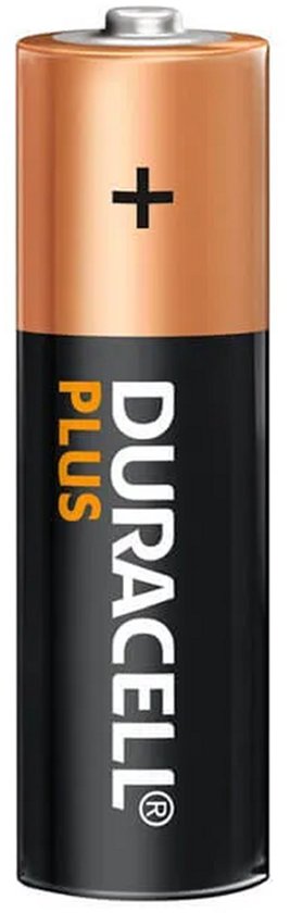 Duracell Plus AA batterij met koperkleurige bovenkant en zwart met wit logo.
