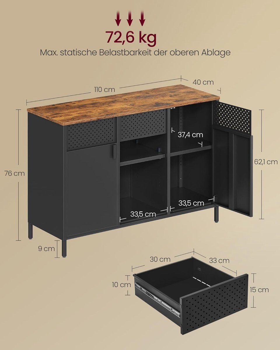 Industriële Metalen Opbergkast – Dressoir met Dubbele Deuren & Lade – Vintage Bruin & Mat Zwart – Verstelbare Planken – Stalen Frame – Multifunctionele Kast voor Woonkamer, Keuken & Kantoor – 110 x 40 x 76 cm - Ganeey