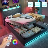Lit rembourré en lin 90x200 cm - Avec levier hydraulique - Lit coffre - Lit enfant - Lit simple - Cadre de lit avec Siècle des Lumières LED - Prises électriques - USB - Type C - Montage facile - Grijs