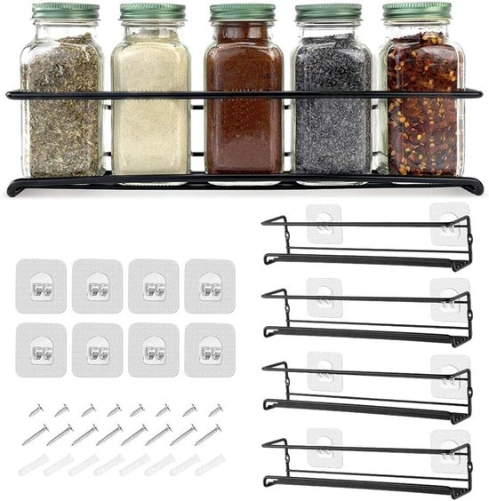 LZQ Kruidenrek kast, kruidenrek, organizer met 4 etages, zonder boren, 45 graden dubbellaags schuin, voor kruidenflessen, glazen, olieflessen, voorraadkamer, kruidenrek, 52 x 35 x 20 cm, zwart