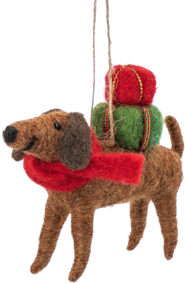 Hond met cadeautjes vilten kersthanger - Sass & Belle