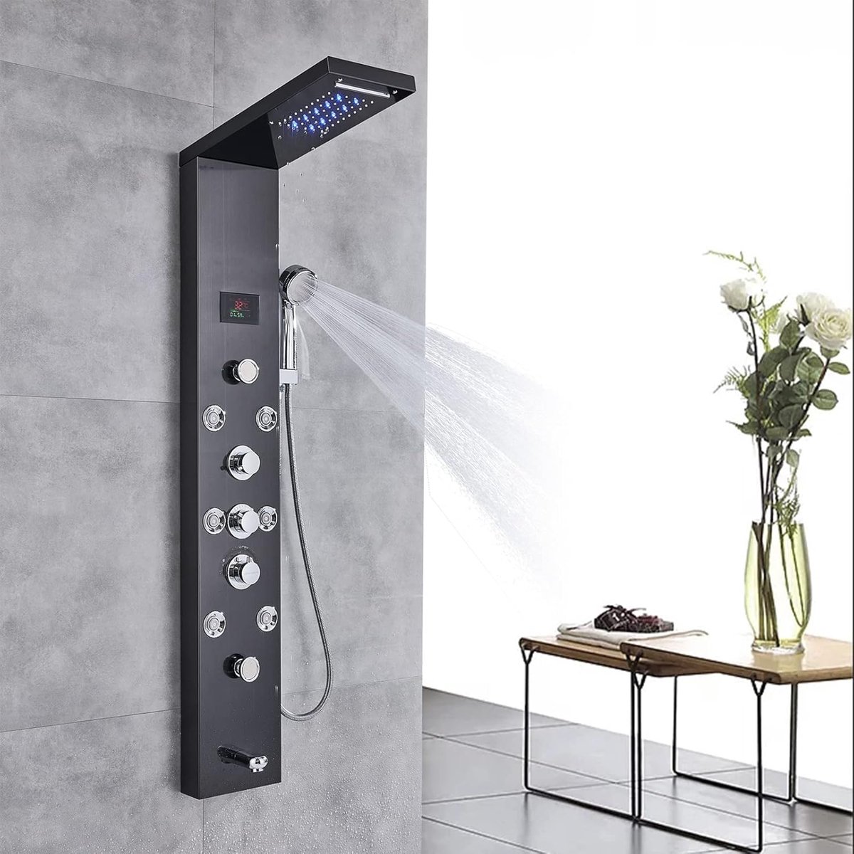 LED-douchekolom Zwart Hydromassage, weergave van de watertemperatuur 2 grote massagestralen en 6 micromassagestralen
