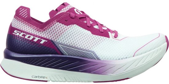 Linker witte hardloopschoen met roze veters en accenten, paarse en witte zool en 'Scott' logo.