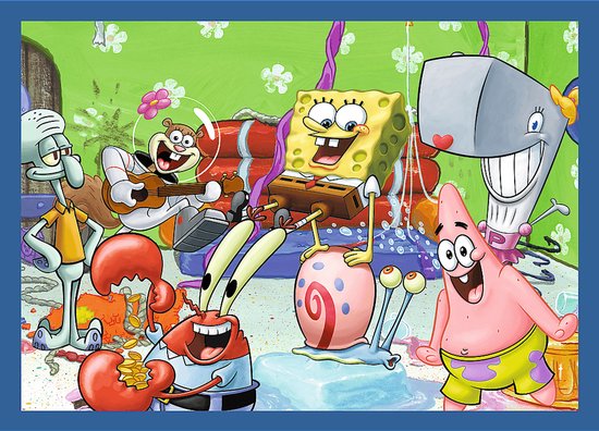 SpongeBob, Patrick, Octo, Sandy, Mr. Krabs en Pearl in een feestelijke scène met Gary.