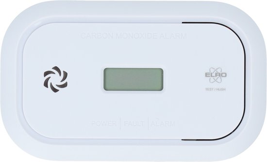 Witte koolmonoxidemelder met display en test/hush knop. "CARBON MONOXIDE ALARM" staat boven het display.