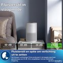 Witte luchtreiniger op nachtkastje, met tekst 'Fluisterstil in slaapmode'.
