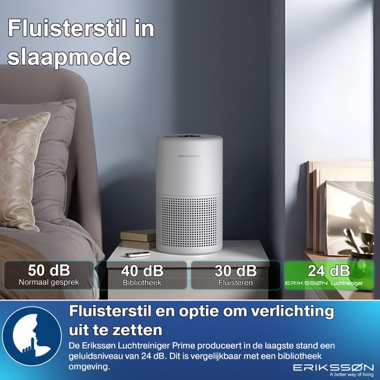 Witte luchtreiniger op nachtkastje, met tekst 'Fluisterstil in slaapmode'.