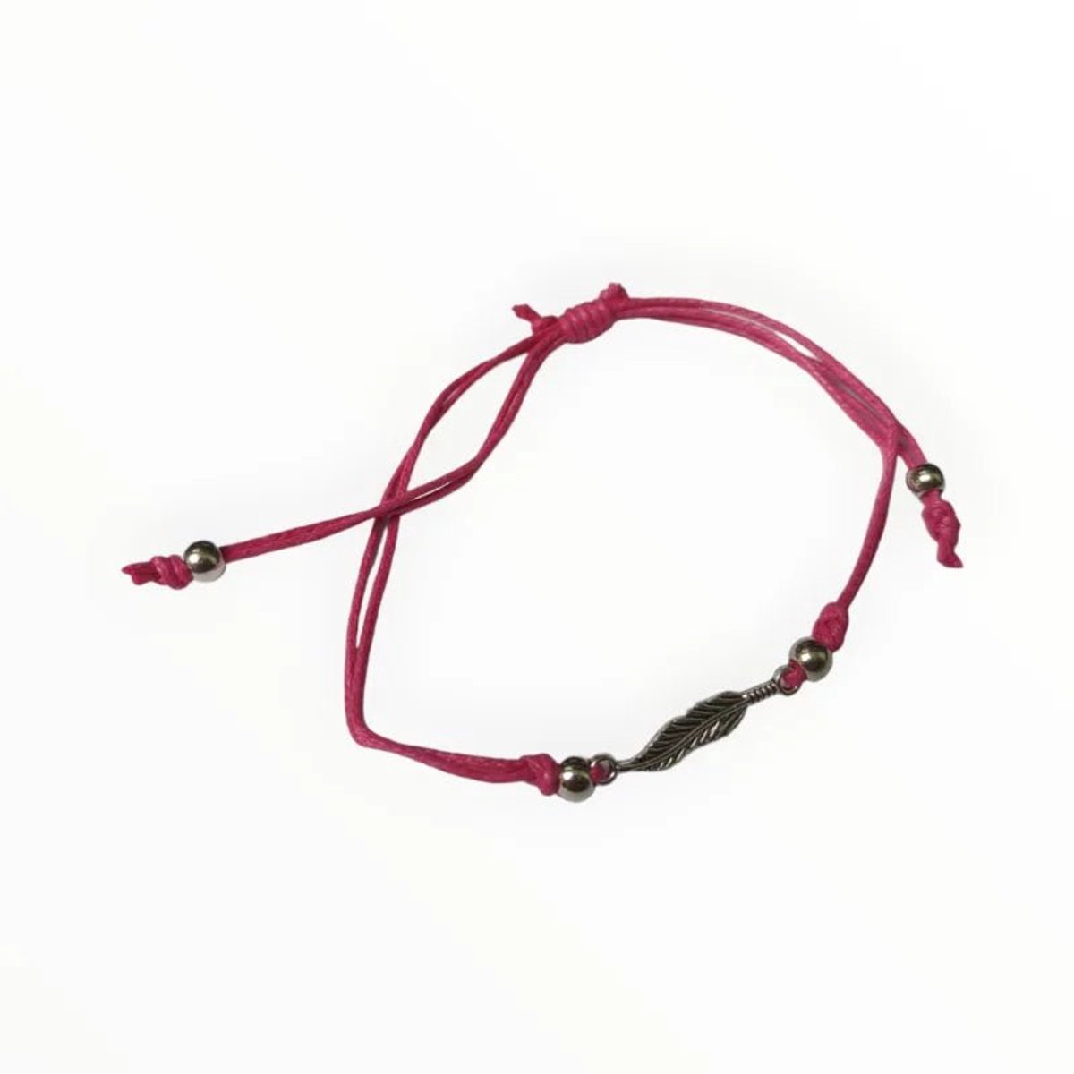 Verstelbare veertjes armband - Zilverkleurig met touw - Donker roze
