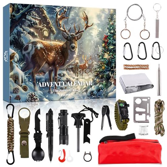 Survival Kit Adventskalender voor mannen - Survival Tools Adventskalender voor volwassenen en tieners 24 dagen kerstaftelling - 2025 Kerstvakantie verrassingscadeau voor buitenliefhebbers