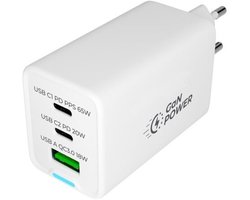 OneOne 65W super snellader met 3 poorten. USB A en 2x USB C. Compacte GAN Quick Charge lader. PD PPS oplader adapter past op Chromebook laptop met USB C van Acer, Apple, Asus, Dell, HP, Huawei, Lenovo, Microsoft, MSI, Panasonic, Samsung, Toshiba.