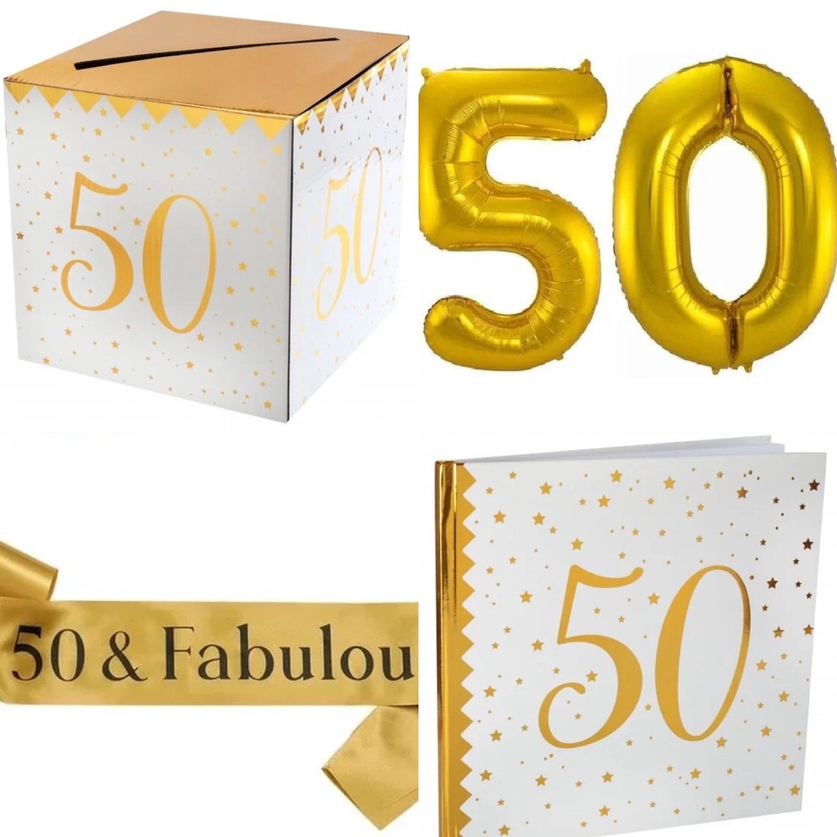 50-jarig jubileum set met gastenboek, moneybox, folie ballonnen en sjerp - 50 - jubileum - sarah - abraham - moneybox - gastenboek - ballon - sjerp - decoratie