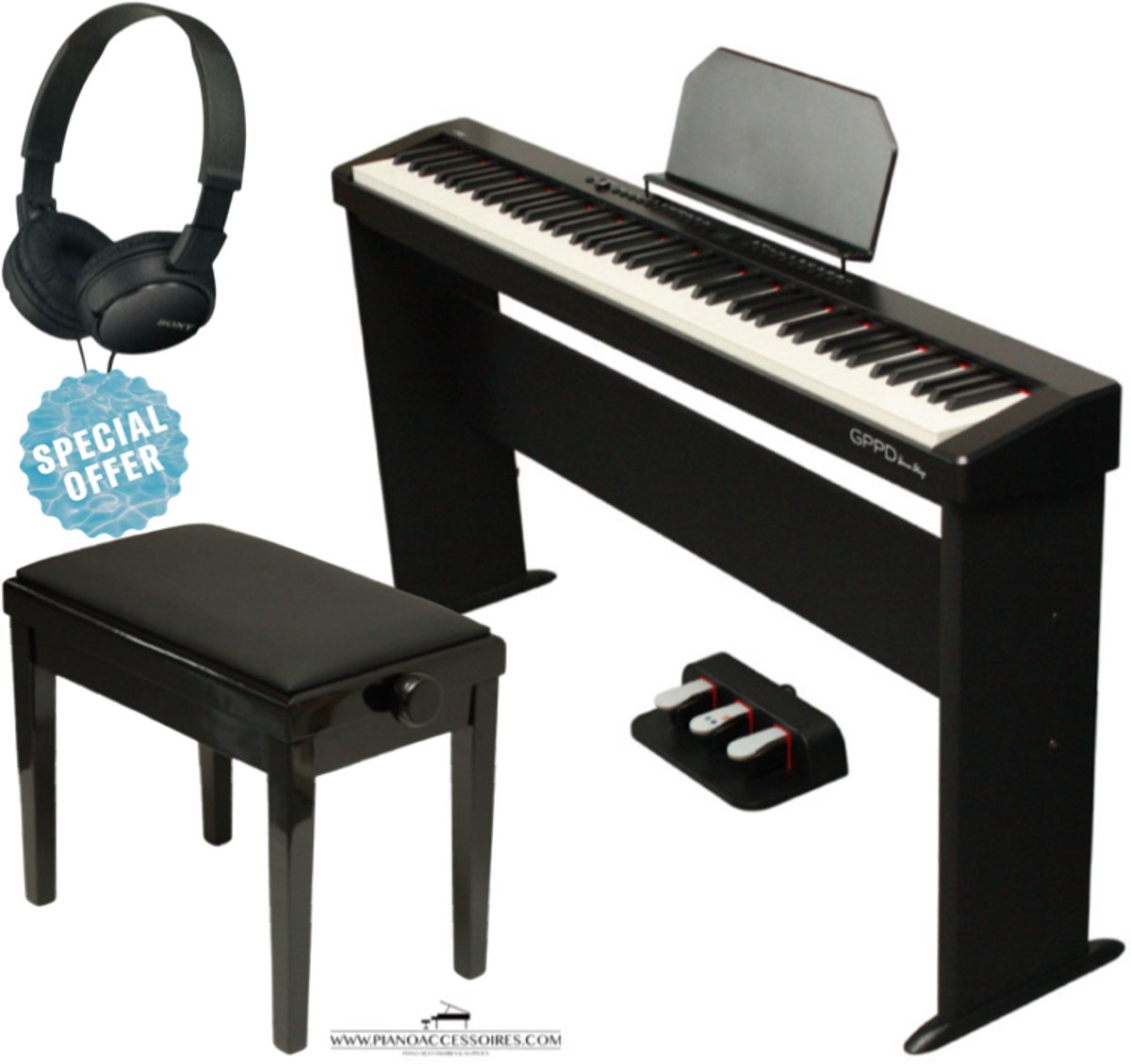 Digitale piano package GPPD Home Stage C8 – Zwart met hoofdtelefoon en verstelbare bank