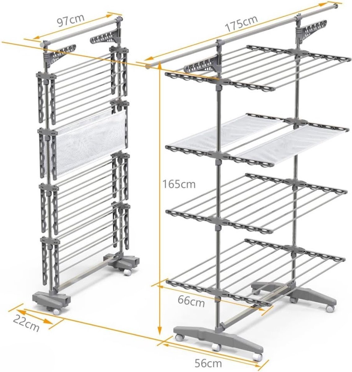 Thuys – Droogtoren 4 Verdiepingen – Droogtoren – Droogrek – Met Wielen En Net – 66cm x 165cm x 177cm – Grijs
