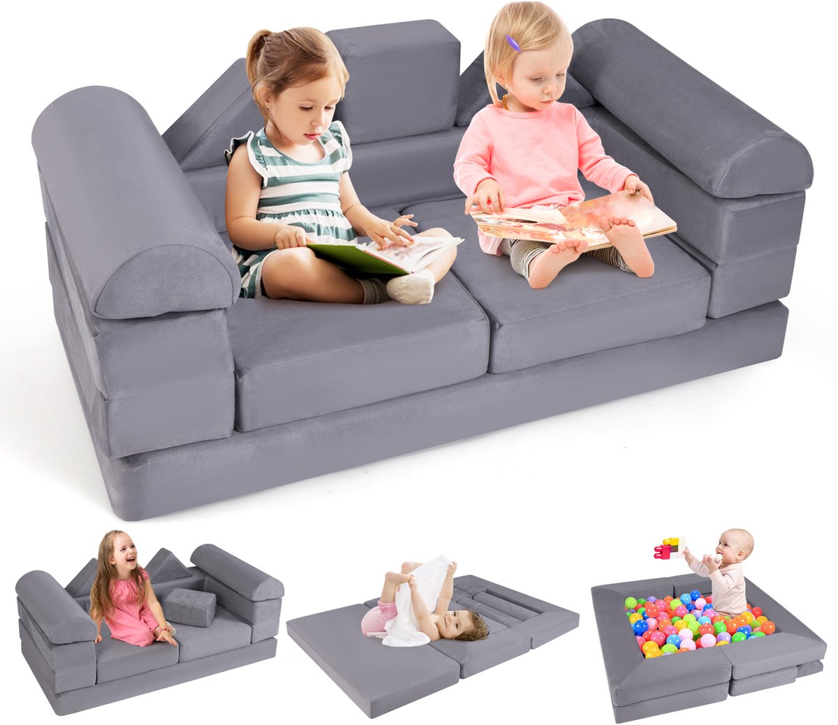COSTWAY Modulaire kinderbank, 9-delige speelbank van schuimrubber, bouwstenen met comfortabele suède, modulaire bank voor kinderen om te spelen, creatief te zijn, te slapen (grijs)