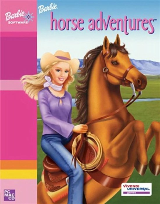 Barbie paardrijdster met cowboyhoed en paars shirt, zittend op een bruin paard, met "Barbie horse adventures" tekst.
