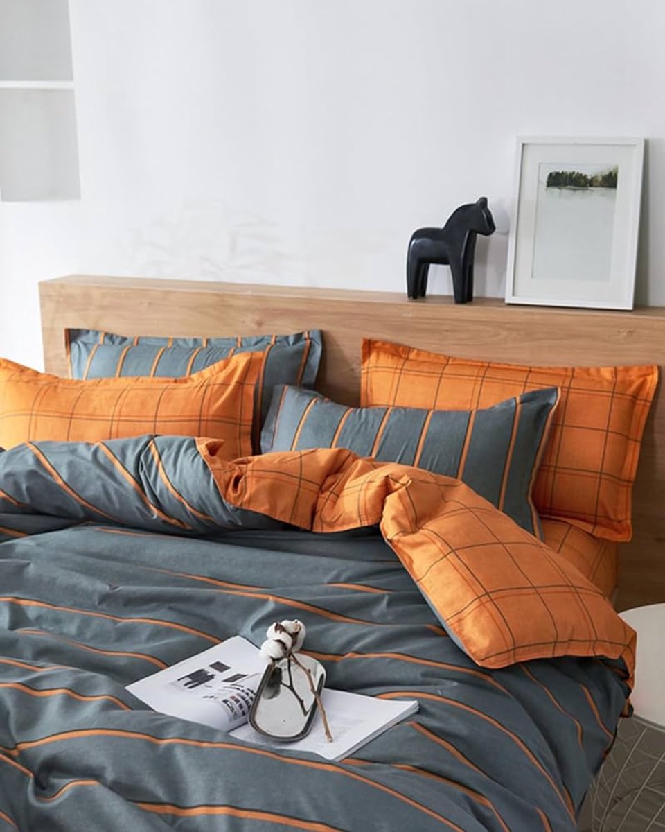 Image of 3-delige beddengoedset - grijs-oranje en ruitpatroon - polyester microvezel - 220 x 240 cm