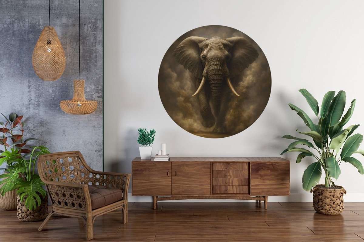 Trendex Global Rond Schilderij - Muurcirkel - Olifant in de stroom - Dibond Schilderij - Dieren - 50 cm Bruin