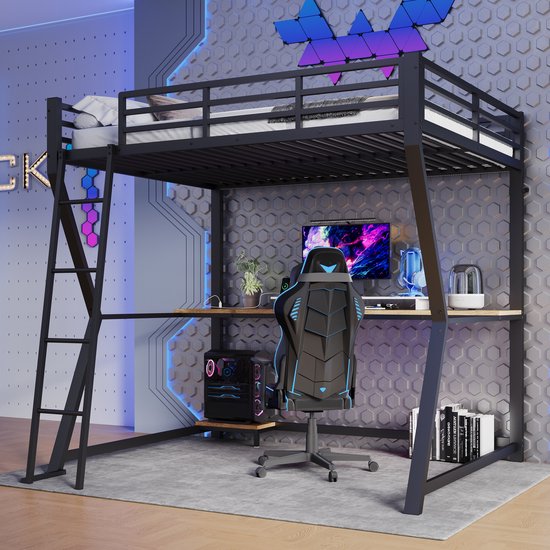 Lit mezzanine 140x200cm - avec éclairage LED- support console ordinateur - bureau - connexion USB - sans matelas - noir