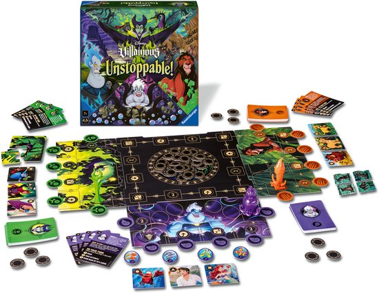 Opgezette Disney Villainous Unstoppable spelbord met speelstukken.
