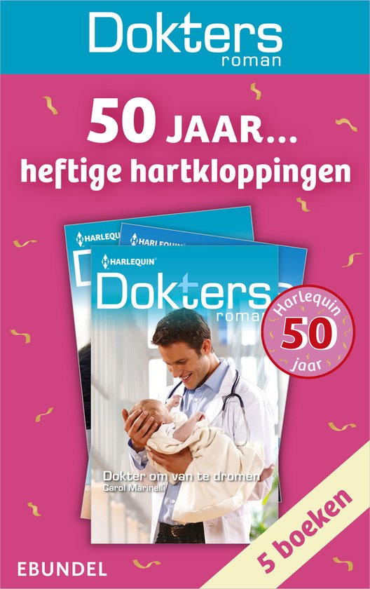 Roze e-bundel met doktersroman boeken, een dokter die een baby vasthoudt en de tekst '50 jaar... heftige hartkloppingen'.