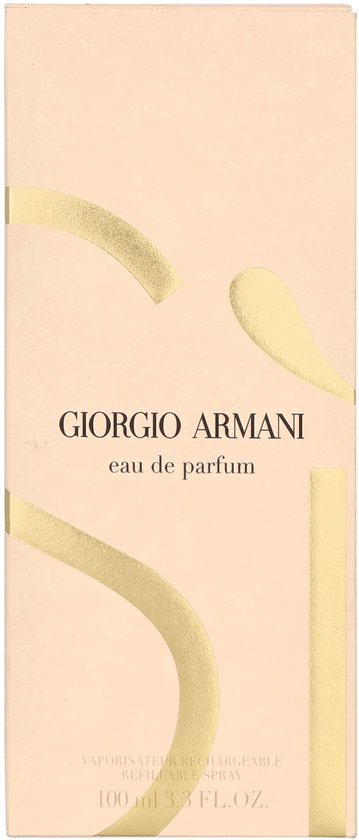 Doos van Giorgio Armani Si eau de parfum (100ml) met goudkleurige golvende lijnen en productinformatie.
