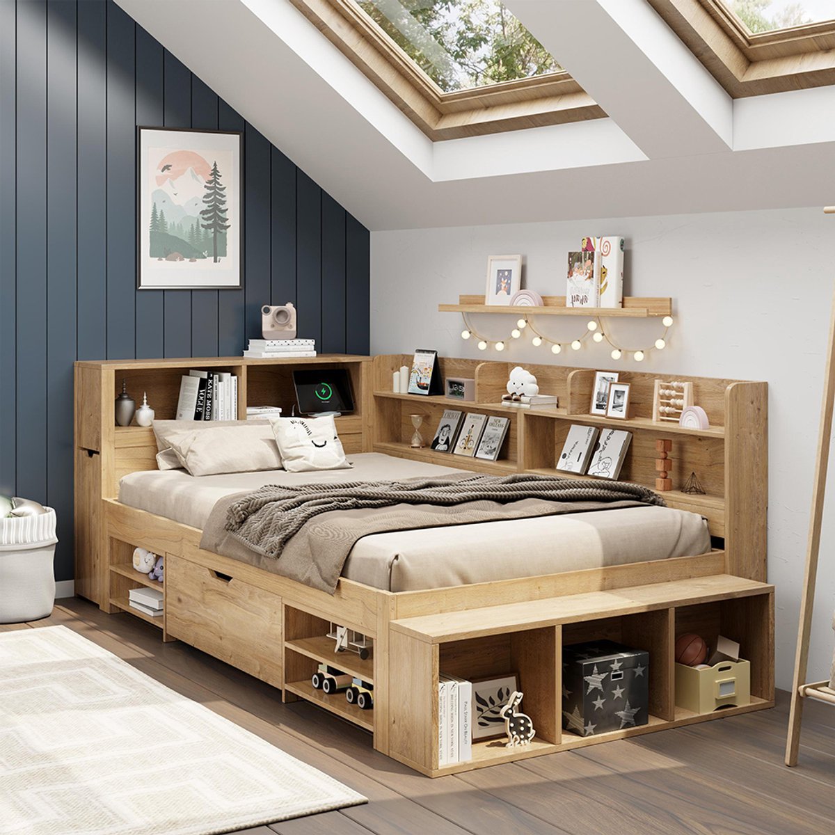 KOMHTOM BLACKCOLORS Kinderbed, bed met opbergruimte, massief houten bed, 90 x 200 cm, eenpersoonsbed, multifunctioneel kinderbed met nachtkastjes, planken en opbergkasten, met draadloos opladen, zonder matras, naturel