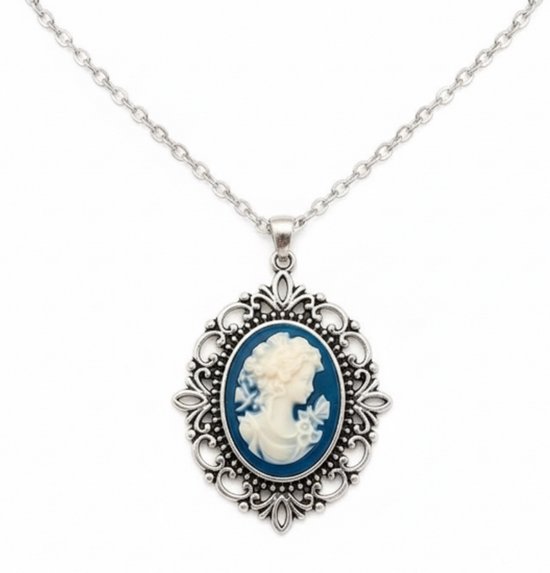 Collier à maillons argenté pour femme avec pendentif ovale style camée bleu et blanc