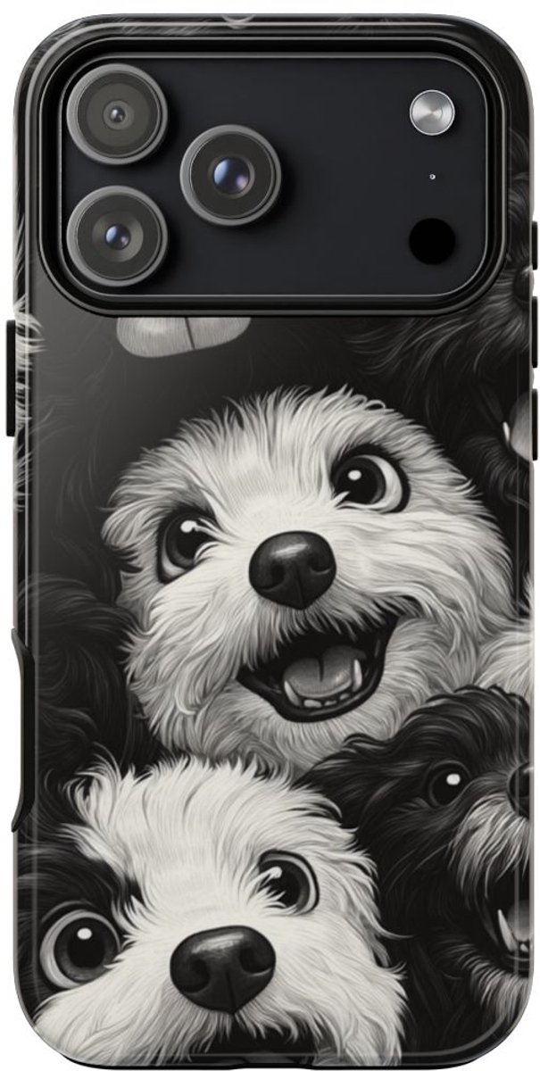 Zwart-Wit Vrolijke Hondenkoppen Patroon – Telefoonhoesje Geschikt voor iPhone 17 Pro Max
