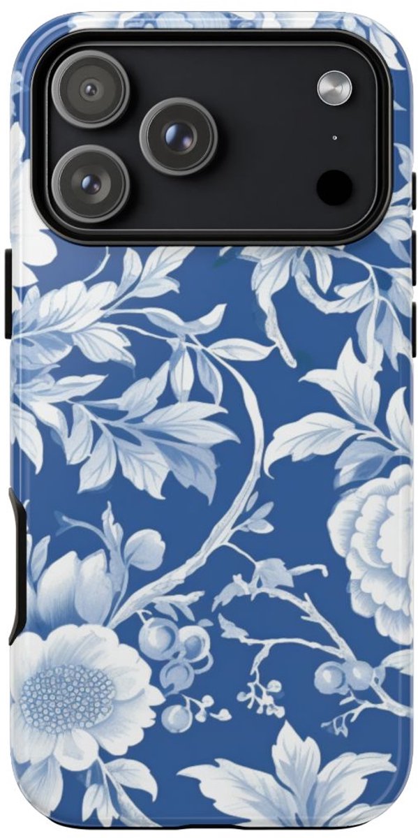 Blauw-Wit Bloemenpatroon – Telefoonhoesje Geschikt voor iPhone 17 Pro Max