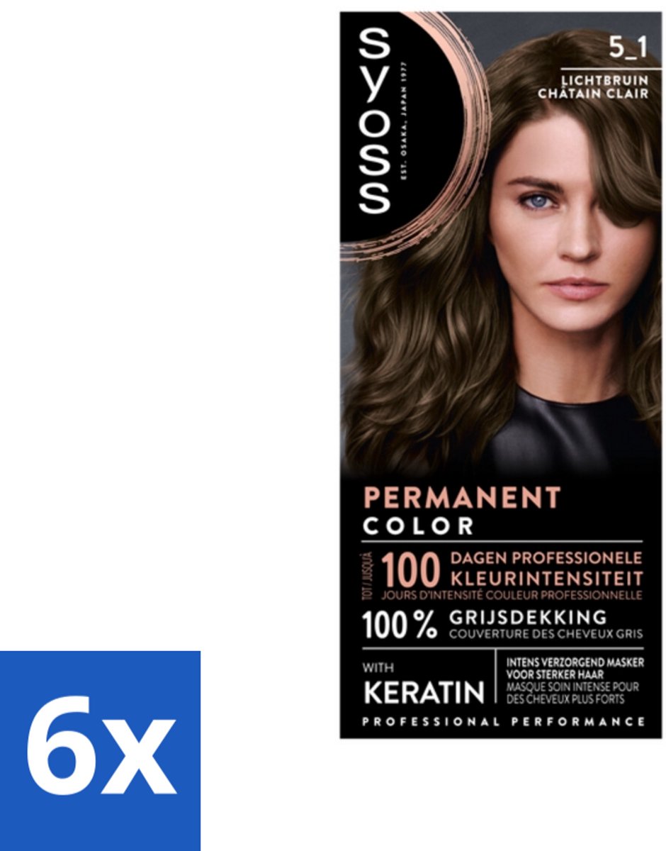 6 x SYOSS - Permanent Coloration 5-1 - Haarverf - Permanente Haarkleuring - Lichtbruin - Grijsdekking - Permanente Haarkleuring - Lichtbruin Haar - Grijsdekking - Keratine - Haarkleur