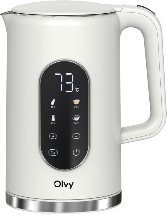 Olvy Waterkoker met Temperatuurregeling - Warmhoudfunctie - Kalkfilter - RVS - Dubbelwandig - Elektrisch - 1,7 Liter - 2200W - Crème Wit