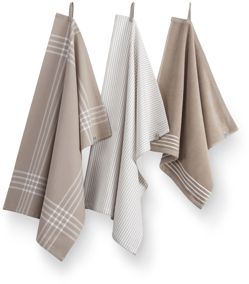 Walra Keukenset Superior Kitchen Set - 2x 50x70 + 1x 50x50 - 100% Katoen - Taupe / Wit
