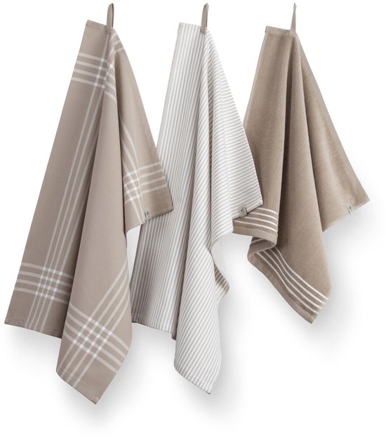 Walra Keukenset Superior Kitchen Set - 2x 50x70 + 1x 50x50 - 100% Katoen - Taupe / Wit