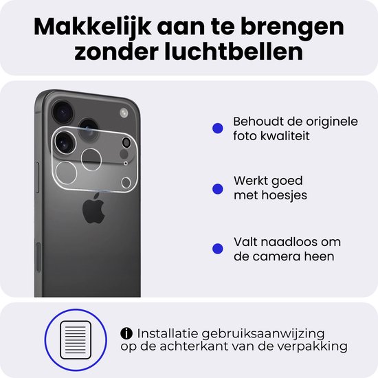 Donkergrijze iPhone met cameralensbeschermer. Tekst "Makkelijk aan te brengen zonder luchtbellen".