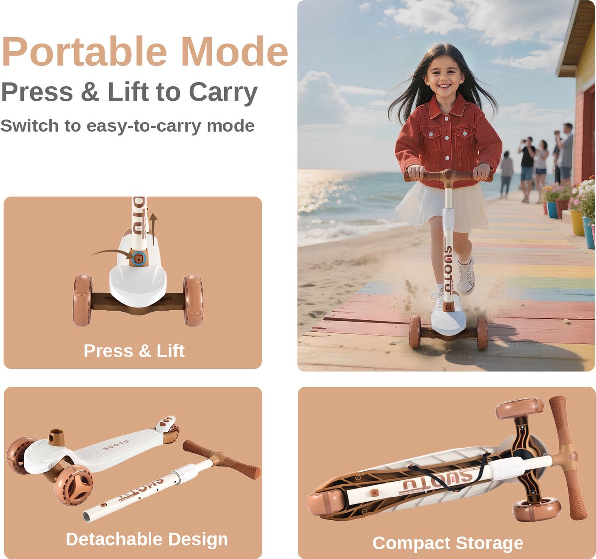 Suotu Kinderstep - Step - 3 Lichtgevende Wielen - EXTRA BREEDE WIELEN - Step 3+ Jaar tot 50kg - Speelgoed Jongens/Meisjes - Bruin — afbeelding 8