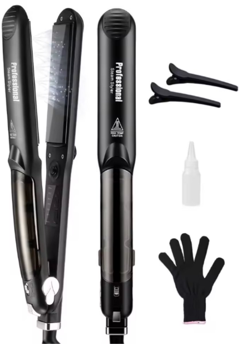 Stoomstijltang - Stoom stijltang - Stijltang met Stoomtechnologie - Met Clips - Met Handschoen - 5 Hitte Standen - 150° tot 230° - Zwart