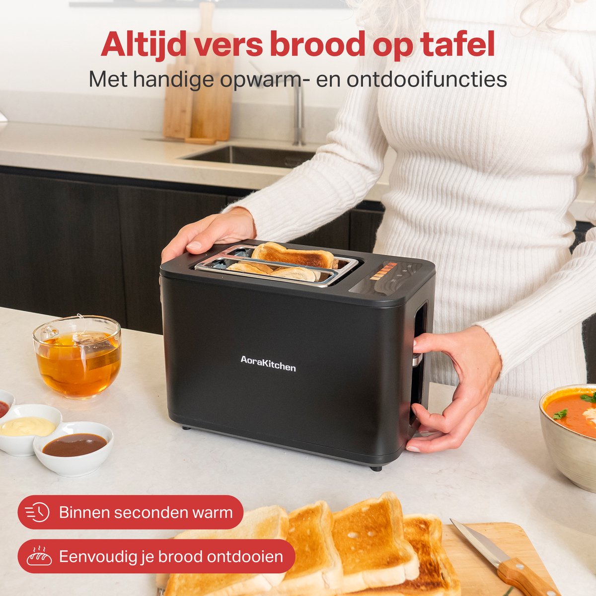 AoraKitchen Broodrooster met Tostiklemmen - 900W - 6 Warmteniveaus - Led Scherm - Toaster - met Timerfuncties - Tosti Apparaat - Zwart thumbnail 3
