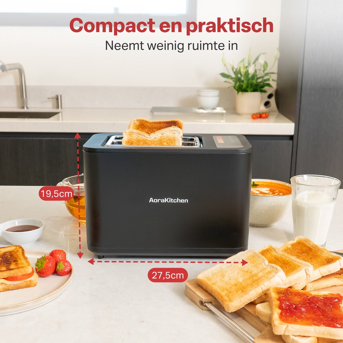 AoraKitchen Broodrooster met Tostiklemmen - 900W - 6 Warmteniveaus - Led Scherm - Toaster - met Timerfuncties - Tosti Apparaat - Zwart thumbnail 7