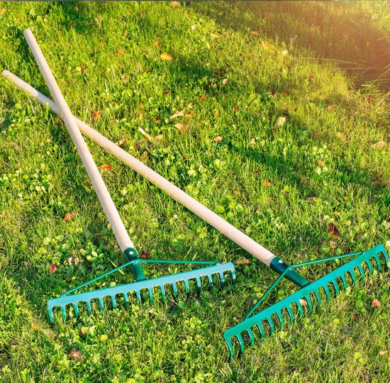 KADAX hark, brede hark voor tuin, bloembed, gazon, tuinhark, strijkhark van metaal, bladhark, bladhark, tuingereedschap, hooikoork, tuingereedschap (18 tanden, houten steel) van KADAX — afbeelding 3