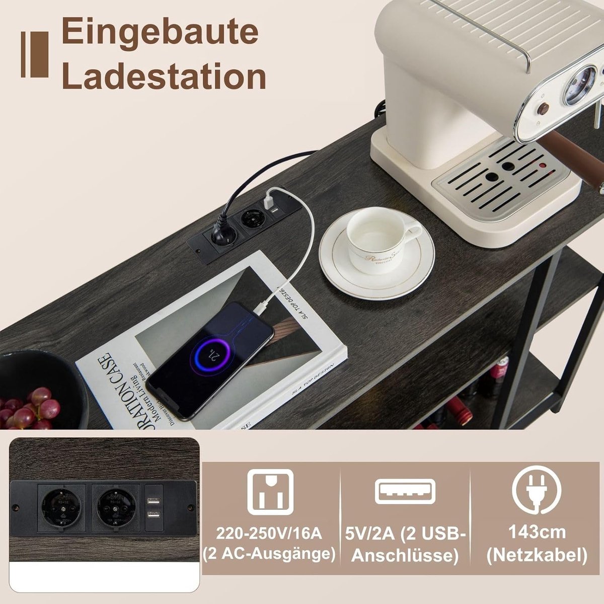 COSTWAY Wijnrek met glazen houder en planken, 3 niveaus, flessenrek met stopcontacten, voor 15 wijnflessen, industriële en vrijstaande wijnkast voor thuis, keuken, bar, 113 x 35 x 85 cm (grijs) — cadeau in Cadeau-ideeën - foto 4